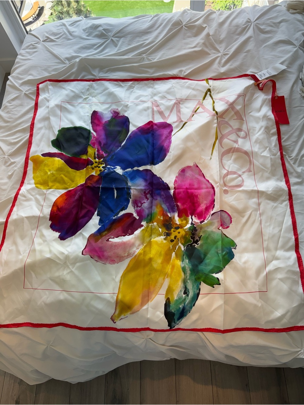 Max & Co. White Silk Scarf with Red Trim and Pink Motif